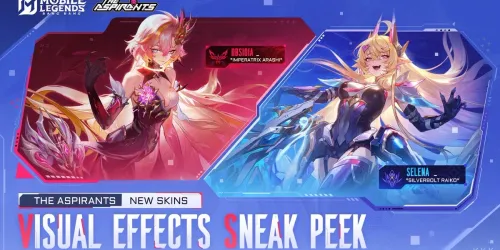 Thumbnail resmi Visual Effects Sneak Peek The Aspirants Mobile Legends: Bang Bang, menampilkan Obsidia Imperatrix Arashi berlatar merah dan Selena Silverbolt Raiko berlatar biru