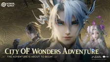 Key art resmi Honor of Kings bertuliskan City of Wonders Adventure dan The Adventure Is About to Begin, menampilkan Sima Yi, karakter berambut putih dengan hiasan tanduk, dan Dolia