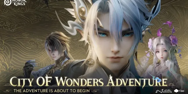 Key art resmi Honor of Kings bertuliskan City of Wonders Adventure dan The Adventure Is About to Begin, menampilkan Sima Yi, karakter berambut putih dengan hiasan tanduk, dan Dolia