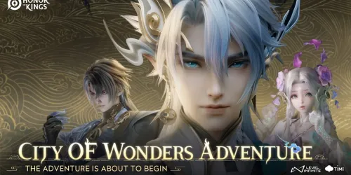 Key art resmi Honor of Kings bertuliskan City of Wonders Adventure dan The Adventure Is About to Begin, menampilkan Sima Yi, karakter berambut putih dengan hiasan tanduk, dan Dolia