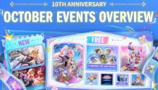 Infografis resmi Mobile Legends: Bang Bang 10th Anniversary October Events Overview berisi kartu Layla Prismatic Rhythm Collector, pilihan 265 skin, Nana Epic, peti Random Special Skin, Chou Special, dan dua skin baru The Aspirants