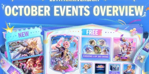Infografis resmi Mobile Legends: Bang Bang 10th Anniversary October Events Overview berisi kartu Layla Prismatic Rhythm Collector, pilihan 265 skin, Nana Epic, peti Random Special Skin, Chou Special, dan dua skin baru The Aspirants