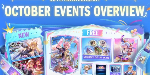 Infografis resmi Mobile Legends: Bang Bang 10th Anniversary October Events Overview berisi kartu Layla Prismatic Rhythm Collector, pilihan 265 skin, Nana Epic, peti Random Special Skin, Chou Special, dan dua skin baru The Aspirants