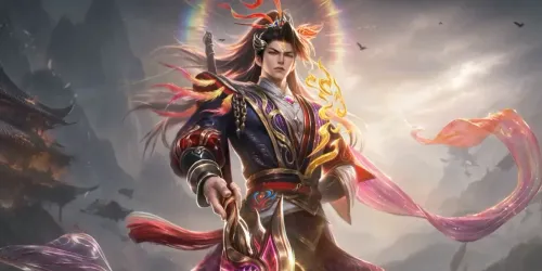 Artwork resmi skin Zilong Ascendant of Flame dari video Mobile Legends: Bang Bang, Zilong berjubah ungu tua bermotif api emas dengan lingkaran cahaya di belakang kepala dan selendang merah muda