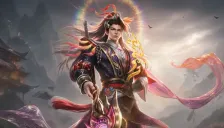 Official artwork of the Zilong Ascendant of Flame skin from a Mobile Legends: Bang Bang video, showing Zilong in a dark purple robe with golden flame patterns, a halo behind his head, and a pink sash