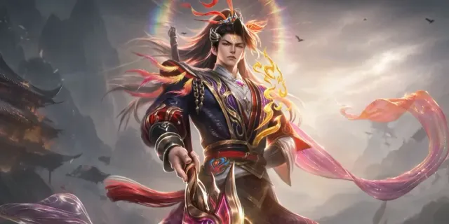 Official artwork of the Zilong Ascendant of Flame skin from a Mobile Legends: Bang Bang video, showing Zilong in a dark purple robe with golden flame patterns, a halo behind his head, and a pink sash