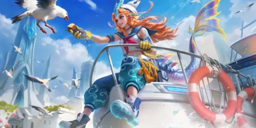 Key art resmi skin StarLight Kalea Tideborn Sailor di Mobile Legends: Bang Bang, Kalea berbaju pelaut dengan ekor duyung duduk di kapal sambil memberi makan burung camar