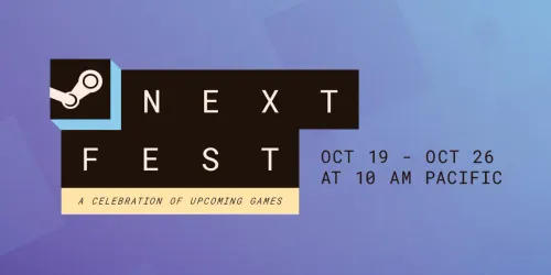 Logo resmi Steam Next Fest di atas latar ungu kebiruan dengan tulisan Oct 19 - Oct 26 at 10 AM Pacific dan A Celebration of Upcoming Games