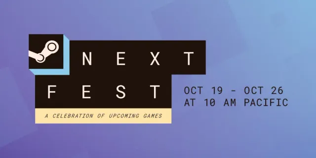 Logo resmi Steam Next Fest di atas latar ungu kebiruan dengan tulisan Oct 19 - Oct 26 at 10 AM Pacific dan A Celebration of Upcoming Games