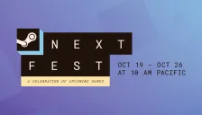Logo resmi Steam Next Fest di atas latar ungu kebiruan dengan tulisan Oct 19 - Oct 26 at 10 AM Pacific dan A Celebration of Upcoming Games