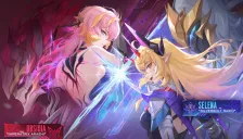 Key art resmi Mobile Legends: Bang Bang The Aspirants: Obsidia Imperatrix Arashi berambut merah muda dan Selena Silverbolt Raiko berambut pirang beradu senjata