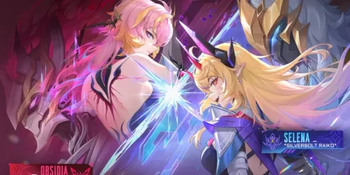 Key art resmi Mobile Legends: Bang Bang The Aspirants: Obsidia Imperatrix Arashi berambut merah muda dan Selena Silverbolt Raiko berambut pirang beradu senjata