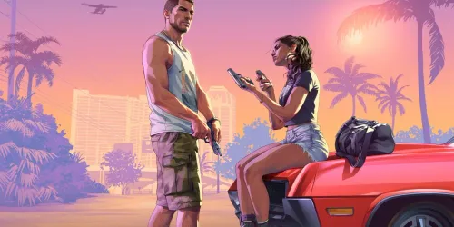 Artwork resmi Launch Trailer Grand Theft Auto VI dari Rockstar Games: Jason memegang pistol berdiri di samping Lucia yang duduk di kap mobil merah, dengan latar pohon palem, gedung, dan langit senja merah muda