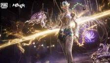 Cuplikan trailer resmi PUBG Mobile Honor Series: karakter wujud Battle Soul bertopeng emas dengan ekor kalajengking berhias permata hijau, UZI ungu keemasan, dan logo PUBG Mobile serta Honor