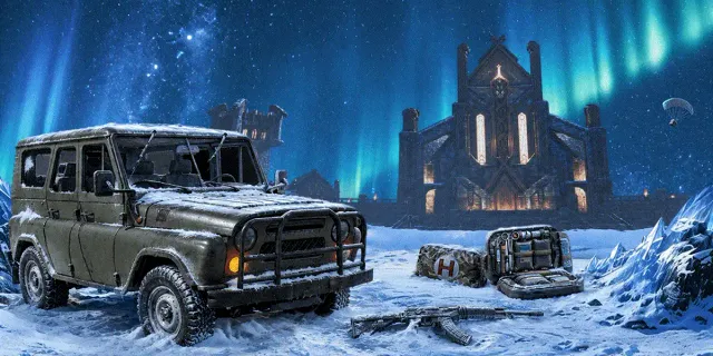 Jip diliputi salji, bekalan perubatan dan senapang di hadapan bangunan batu seperti istana di bawah aurora, daripada banner rasmi Beta 1 V4.7 PUBG MOBILE