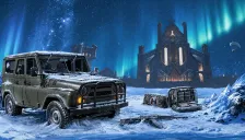 Jip diliputi salji, bekalan perubatan dan senapang di hadapan bangunan batu seperti istana di bawah aurora, daripada banner rasmi Beta 1 V4.7 PUBG MOBILE