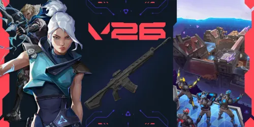 Banner resmi patch 13.06 VALORANT: Jett dan Sova di kiri, senapan baru Warden di tengah, dan arena Gauntlet: Glitched dengan agent robot di kanan