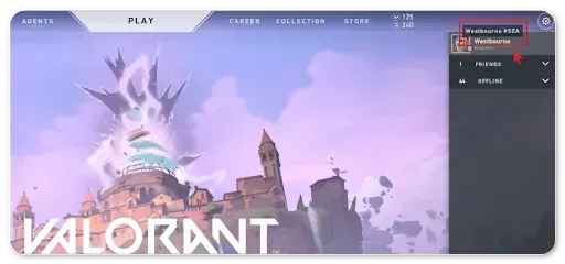Valorant client showing the Riot ID and tagline in the top-right corner