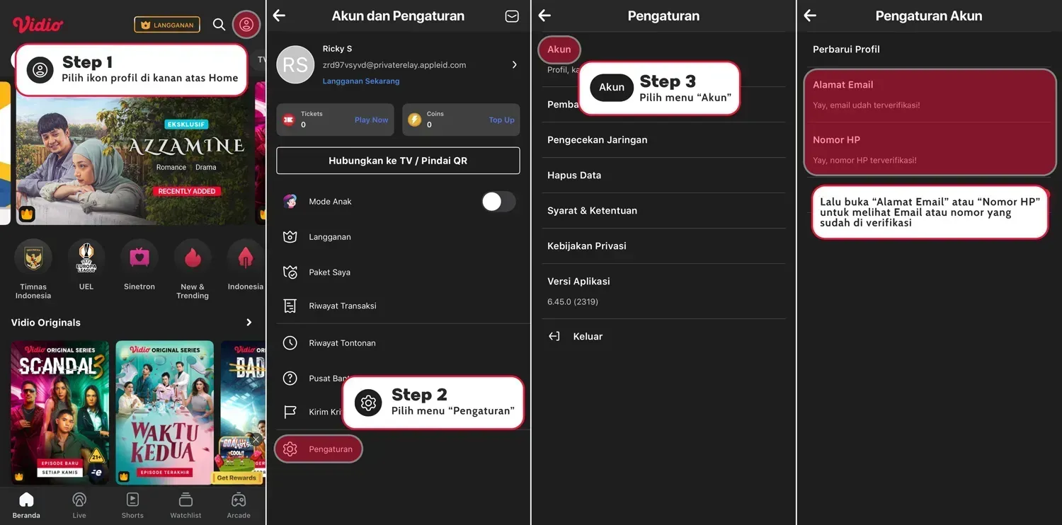 How to see the email or phone number registered in the Vidio app