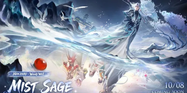 Poster resmi Honor of Kings untuk hero baru Wang Wei: pria berambut perak berjubah gelap berdiri di atas sungai berkabut, dengan tulisan New Hero Wang Wei, Mist Sage, 10/08 Coming Soon
