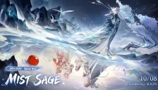 Poster resmi Honor of Kings untuk hero baru Wang Wei: pria berambut perak berjubah gelap berdiri di atas sungai berkabut, dengan tulisan New Hero Wang Wei, Mist Sage, 10/08 Coming Soon