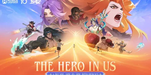 Key art resmi Mobile Legends: Bang Bang The Hero in Us dari video tribute hero ulang tahun ke-10: sejumlah hero dan orang-orang berlari menuju cahaya, dengan logo MLBB, 10th, dan S42
