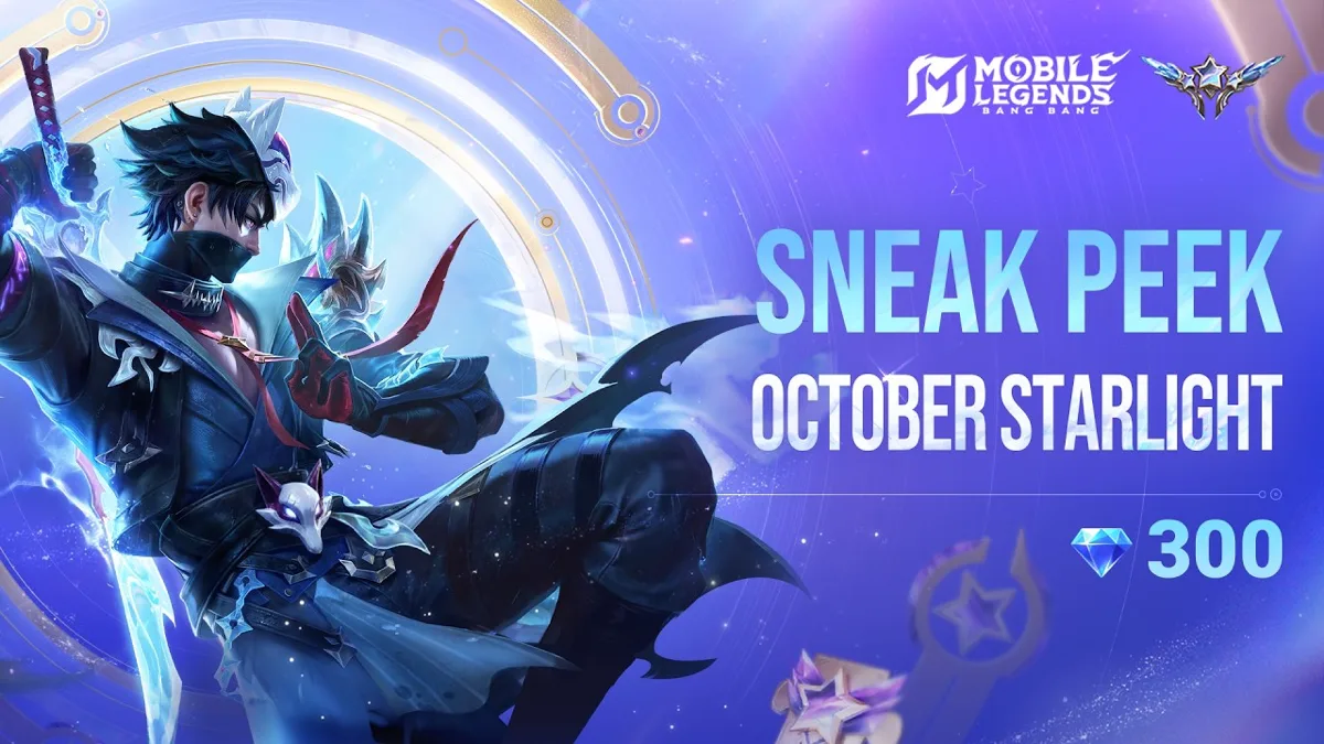Opisyal na thumbnail ng October Starlight sneak peek ng Mobile Legends: Bang Bang: si Hayabusa na may fox mask, espadang may asul na yelo at icon ng 300 diamonds